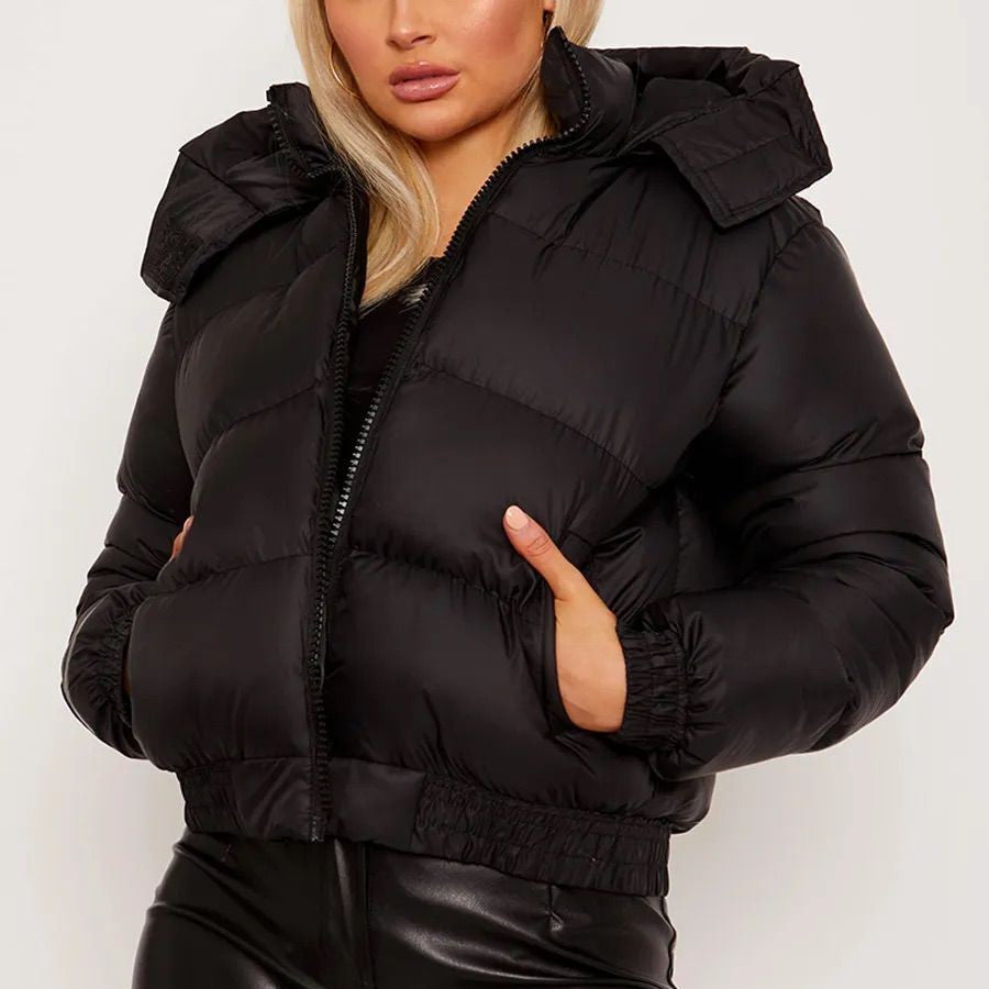 Womens Cropped Puffer Jacket Winter Zip Up Padded Short Bubble Coat with Removable Hood | Nowena