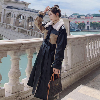 Womens Medium Long Winter Plush Thickened Cotton Black Leather Coat | Nowena
