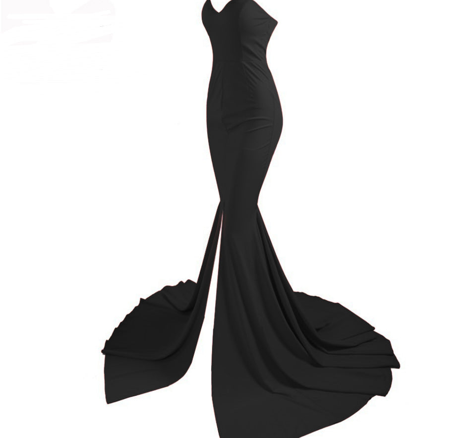 Long Evening Dress Off-the-shoulder Strapless Fishtail Slit high waist solid color dress