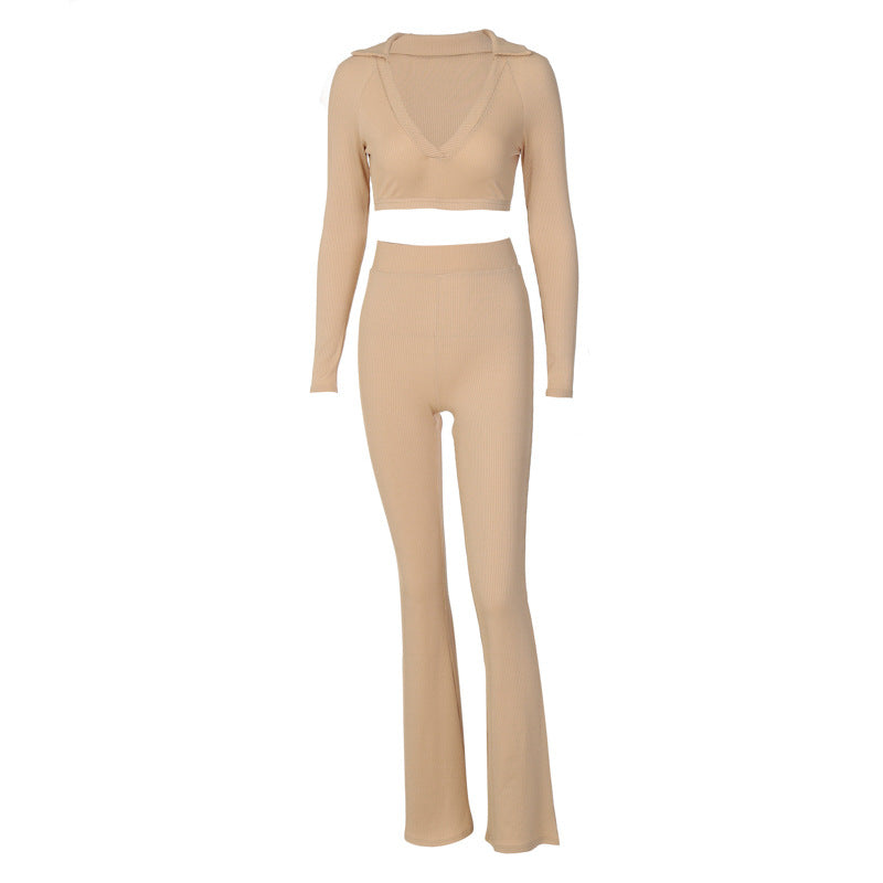 Solid Color V-Neck Long-Sleeve Top Micro-Flare Pants Two-Piece Set