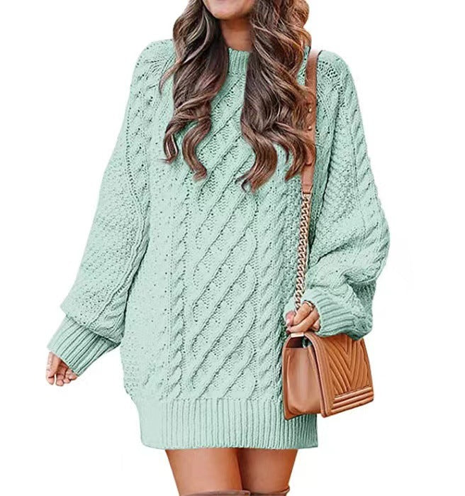 Women's Round Neck Long Sleeve Twisted Knitted Mid-length Dress Sweater | Nowena