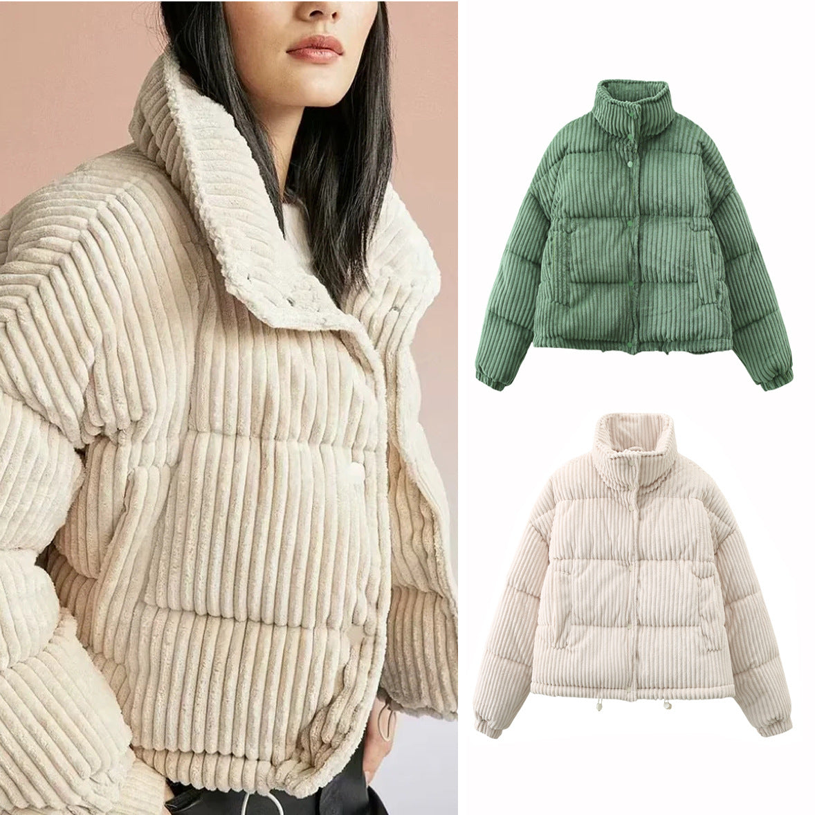 Warm Corduroy Puffer Jacket Coat Short Loose Cotton Coat | Nowena