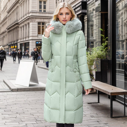 Women Winter Long Coat With Thickened Fur Collar Straight Slim Cotton-padded Jacket | Nowena