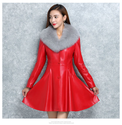 Women's  Leather Faux Fox Fur Collar Coat | Nowena