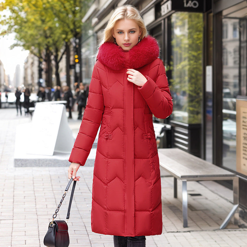 Women Winter Long Coat With Thickened Fur Collar Straight Slim Cotton-padded Jacket | Nowena