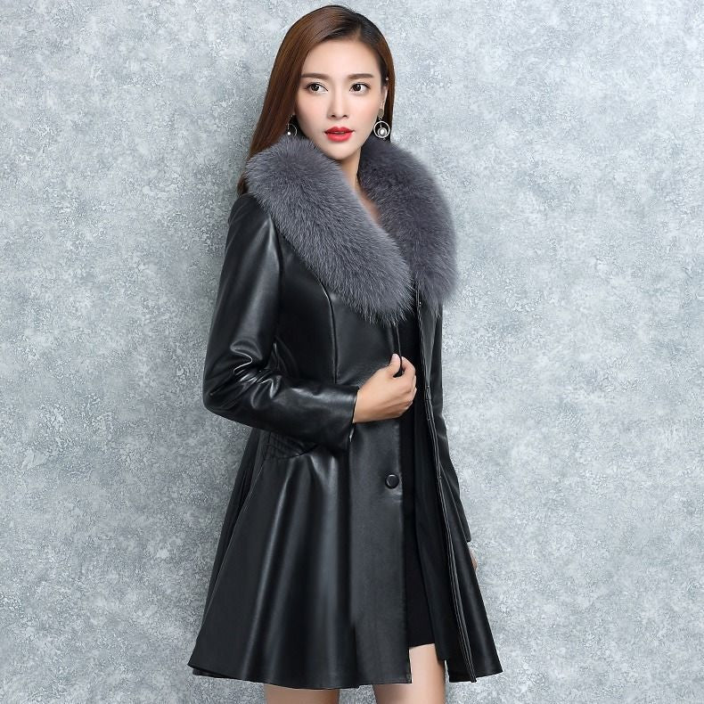 Women's  Leather Faux Fox Fur Collar Coat | Nowena