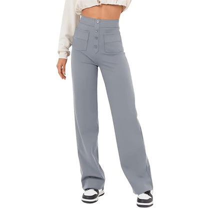 New Fall Women's Clothing High Waist Pocket Wide Leg Button Casual Baggy Straight Trousers Trousers