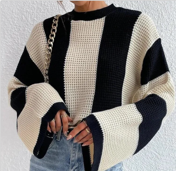 Women's Round Neck Striped Knitted Sweater | Nowena