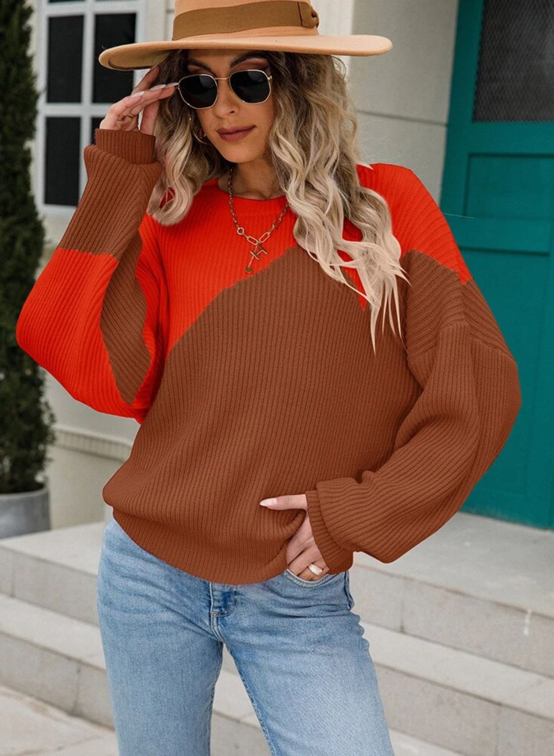 Color Matching Pullover Round Neck Sweater for Women