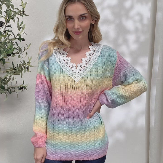 Knitted Rainbow Striped Vintage Gradient Crochet Detail Sweater -Pink Multi | Nowena