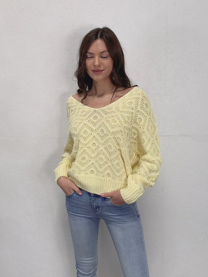 Women V-Neck Patterned Long Sleeve Sweater - Yellow
