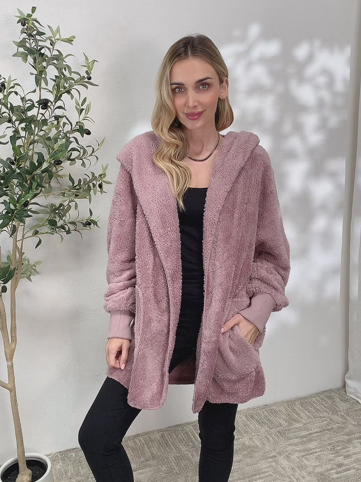 Long Sleeve Solid Hoodies Fur Open Front Jacket-Lilac | Nowena