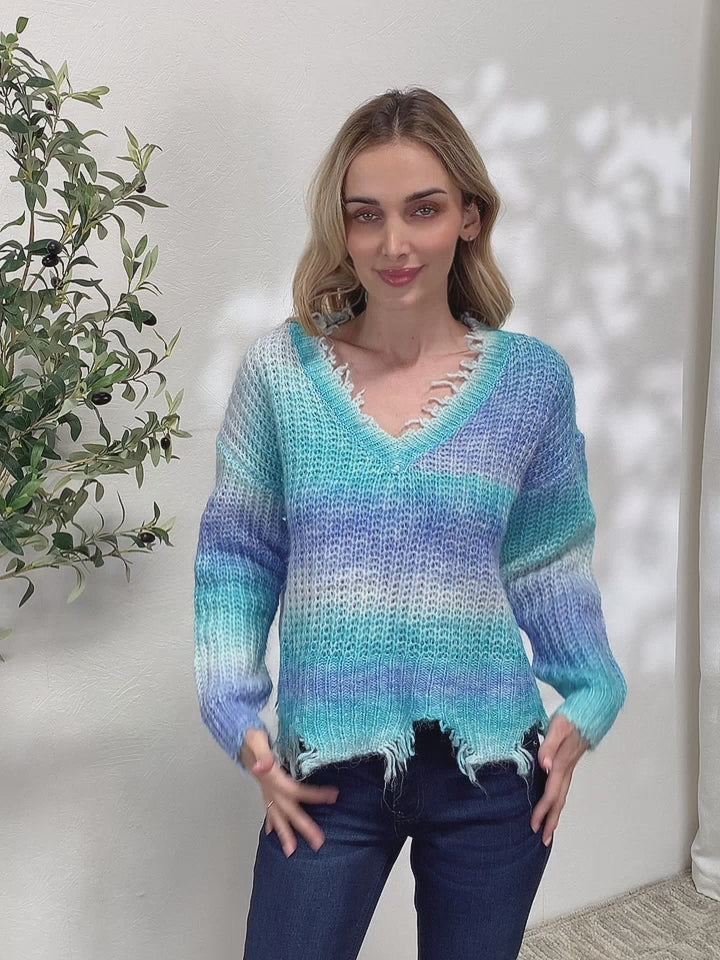 Women Knitted Tie Dye Frayed Hem Sweater-Aqua Blue Multi | Nowena