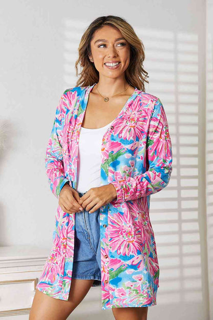 Women's Long Button Solid Casual Long Sleeved Open Front Cardigan -Floral