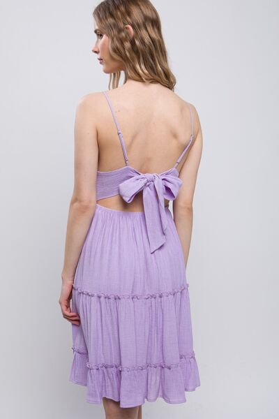 Women Lace Detail Tied Back V-Neck Mini Cami Dress - Lavender | Nowena