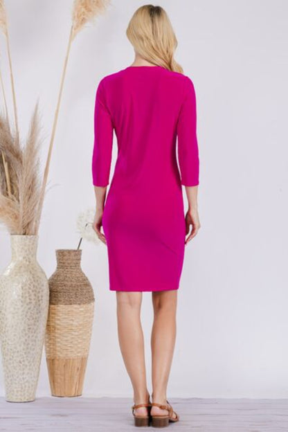 Plus Size Round Neck Long Sleeve Slim Dress-Fuchsia | Nowena