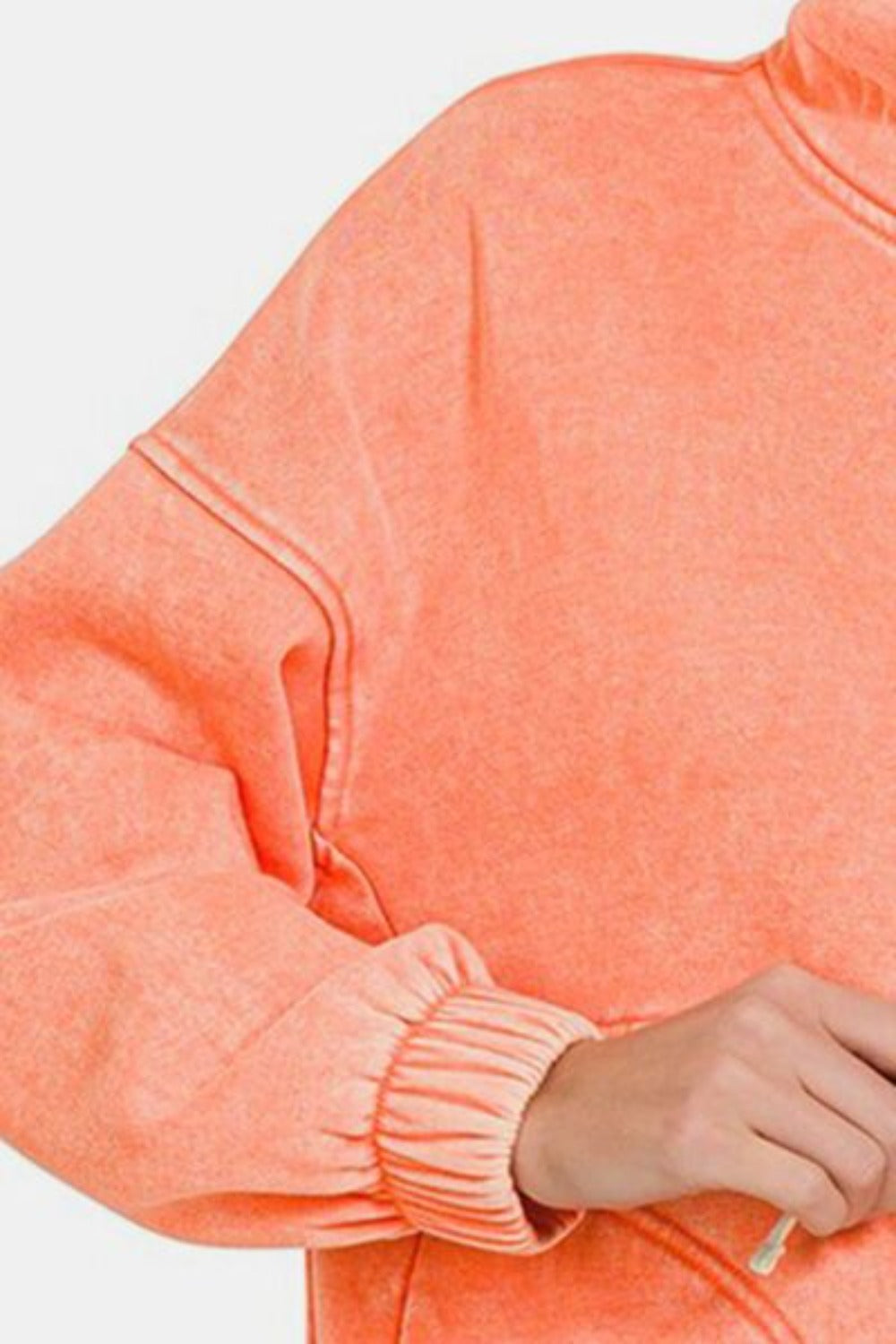 Drawstring Half Snap Dropped Shoulder Hoodie Sweater-Coral | Nowena