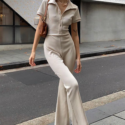 Women's Casual Sexy Skinny Backless Lapel Button Jumpsuit | Nowena