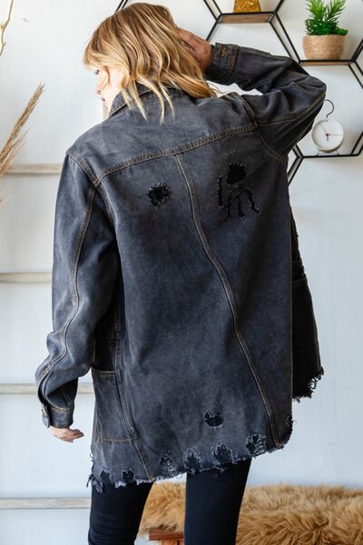 Button Up Distressed Frayed Hem Denim Jacket-Black Wash | Nowena