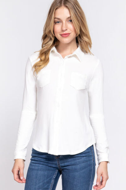 Women Long Sleeve Front Pocket DTY Brushed Blouse - White | Nowena