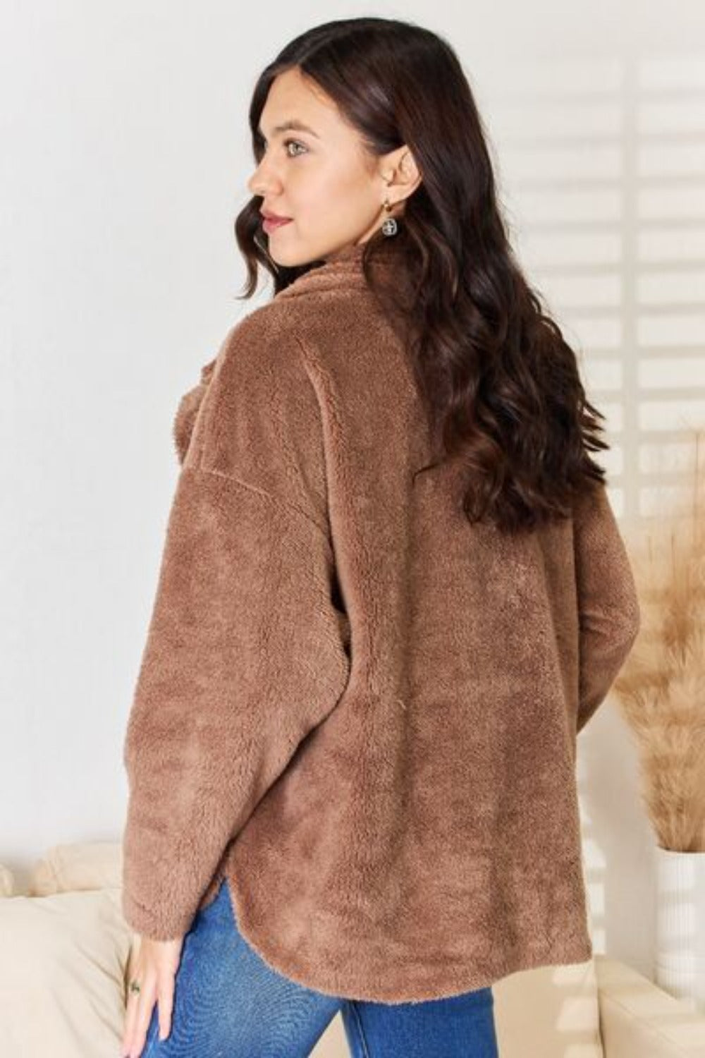 Double Breasted Fuzzy Solid Shaggy Coat - New Taupe | Nowena