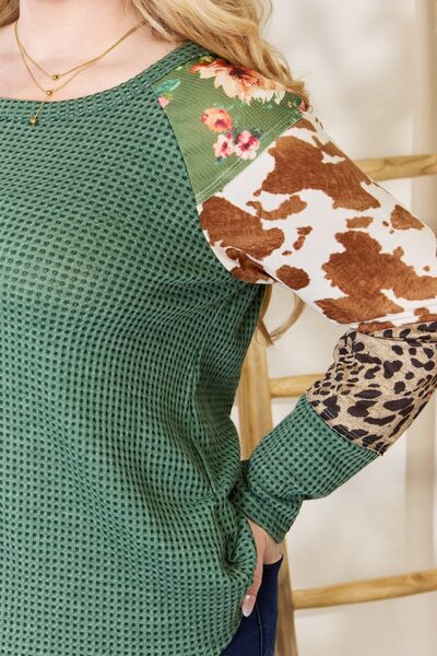 Plus Size Waffle-Knit Leopard Blouse-Hunter Green | nOWENA