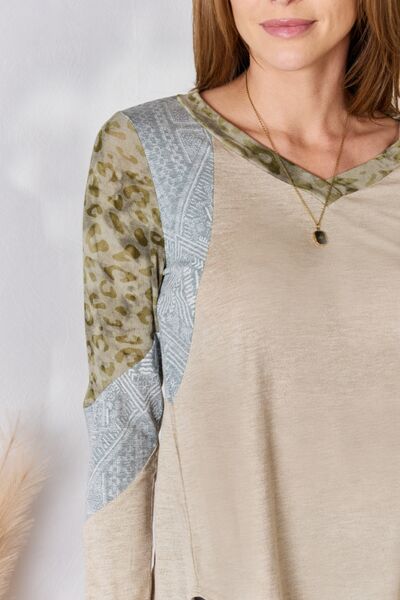 Colorblock V-Neck Long Sleeve Top Sweater-Oatmeal | Nowena