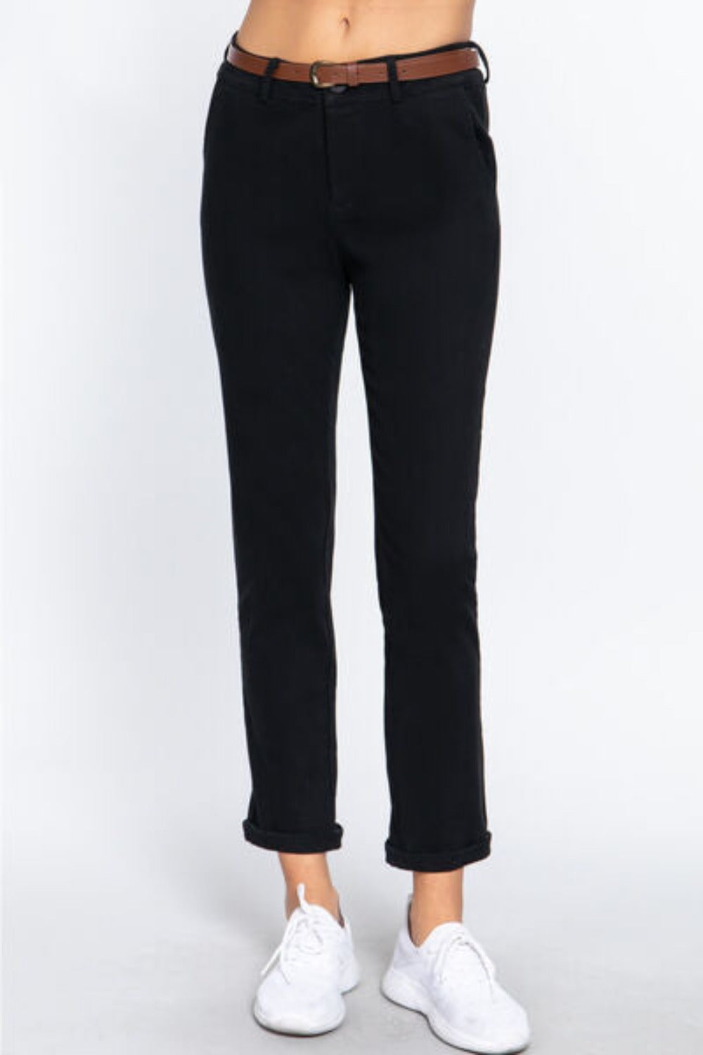Women Cotton-Span Twill Straight Pants-Black | Nowena