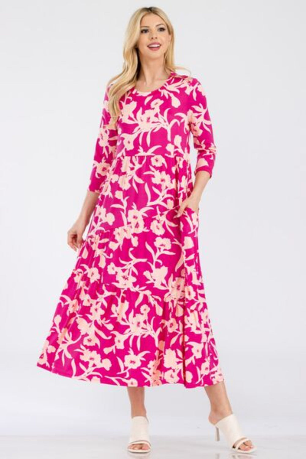 Plus Size Floral Round Neck Ruffle Hem Dress-Fuchsia | Nowena