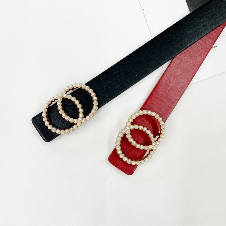 Belts Women's Double Loop Pearl Buckle Leather Belt - Nowena