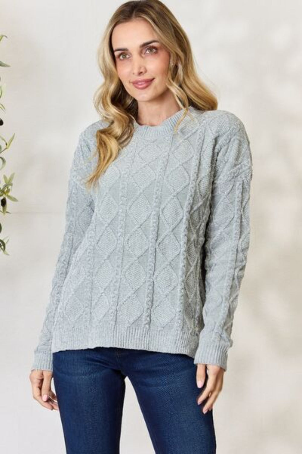 Women Turtleneck Cable Knit Round Neck Sweater-Dust Sage