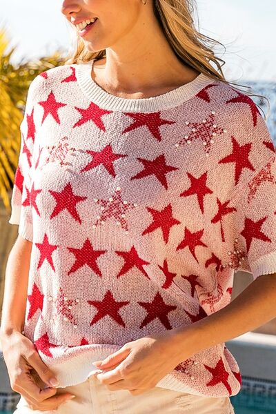 Star Pattern Round Neck Short Sleeve Knit Top - Red | Nowena