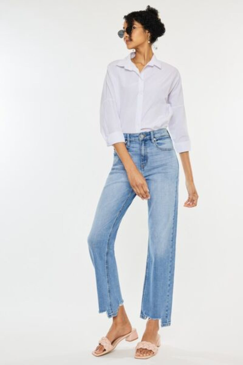 Plus Size High Waist Raw Hem Straight Jeans- Washed Blue | Nowena
