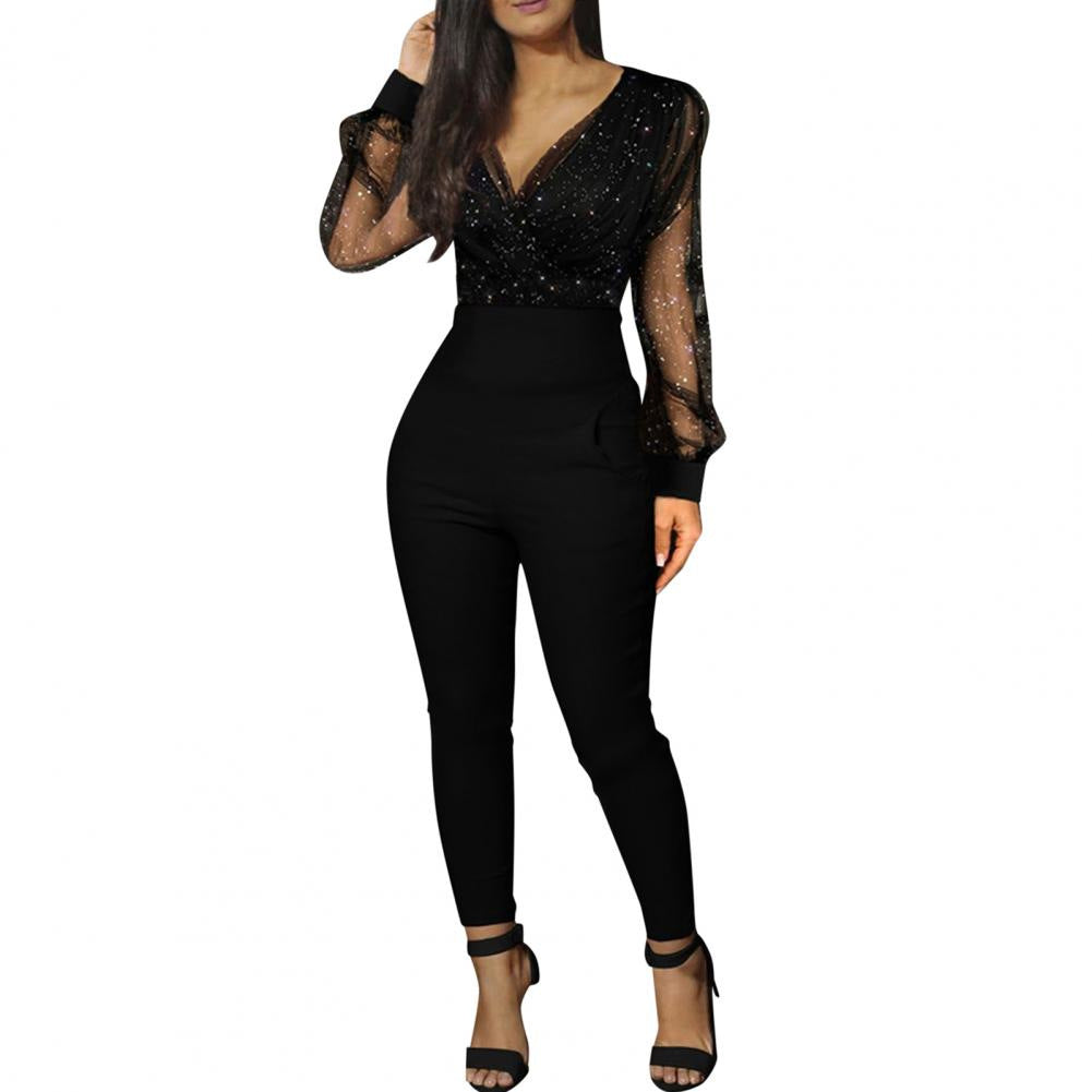Women's Solid Color And V-neck Mesh Slim Fit Long-sleeved One-piece Trousers