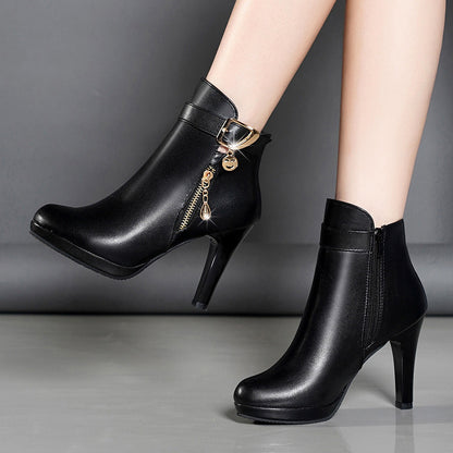 Women's Leisure Black High Heel Autumn Leather Boots | Nowena