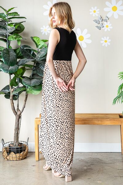Plus Size Slit Animal Print V-Neck Wide Strap Dress - Khaki Black | Nowena