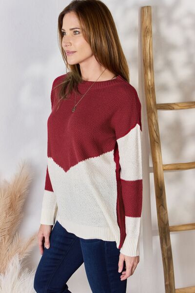 Plus Size Color Block Dropped Shoulder Knit Top Swweater-Red | Nowena