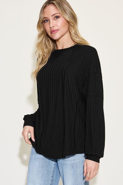 PLus Size Ribbed Round Neck Long Sleeve T-Shirt Sweater | Nowena