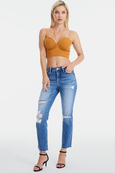 Plus Size High Waist Distressed Cat's Whiskers Straight Jeans - Amy Blue | Nowena