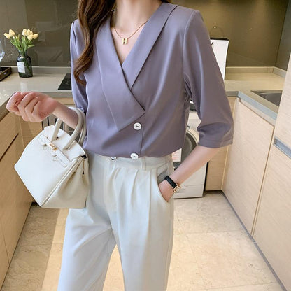 Women's Half Sleeve Top Suit Collar Chiffon blouse Nowena