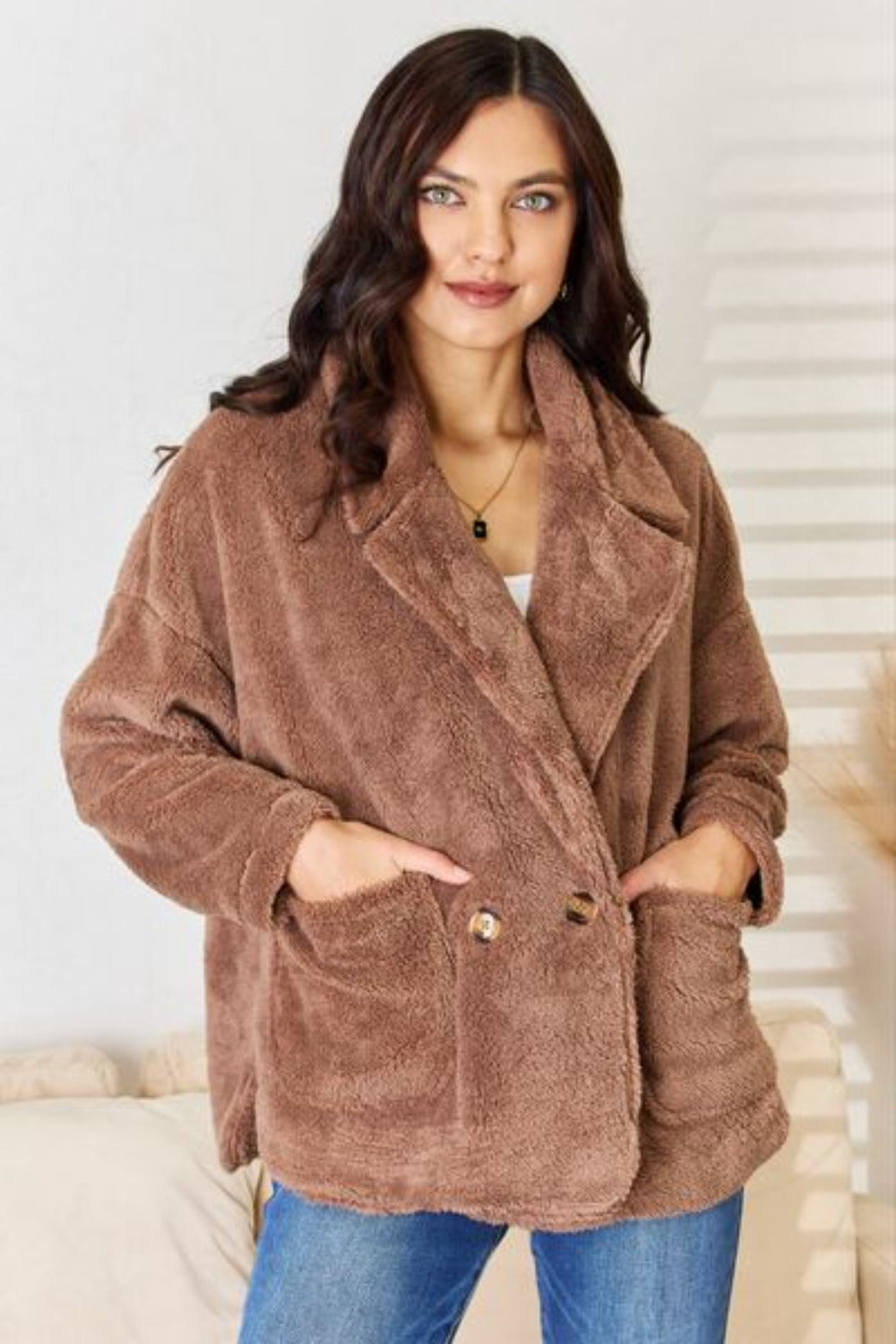 Double Breasted Fuzzy Solid Shaggy Coat - New Taupe | Nowena