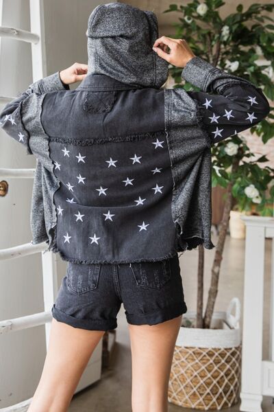 Star Embroidered Hooded Denim Jacket-Black | Nowena