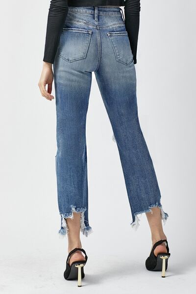 High Waist Distressed Frayed Hem Cropped Straight Jeans | Nowena