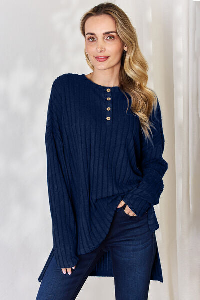 Plus Size Ribbed Half Button Long Sleeve High-Low Sweater | Nowena