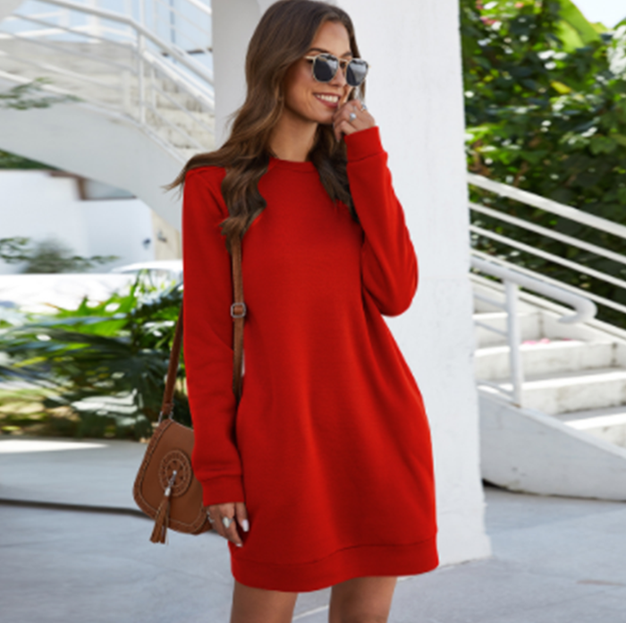 Women's Long Sleeve Round Neck Fashion Pocket Solid Color Dress | Nowena