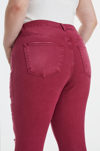 Plus Size High Waist Distressed Raw Hem Flare Jeans- Wine Red | Nowena