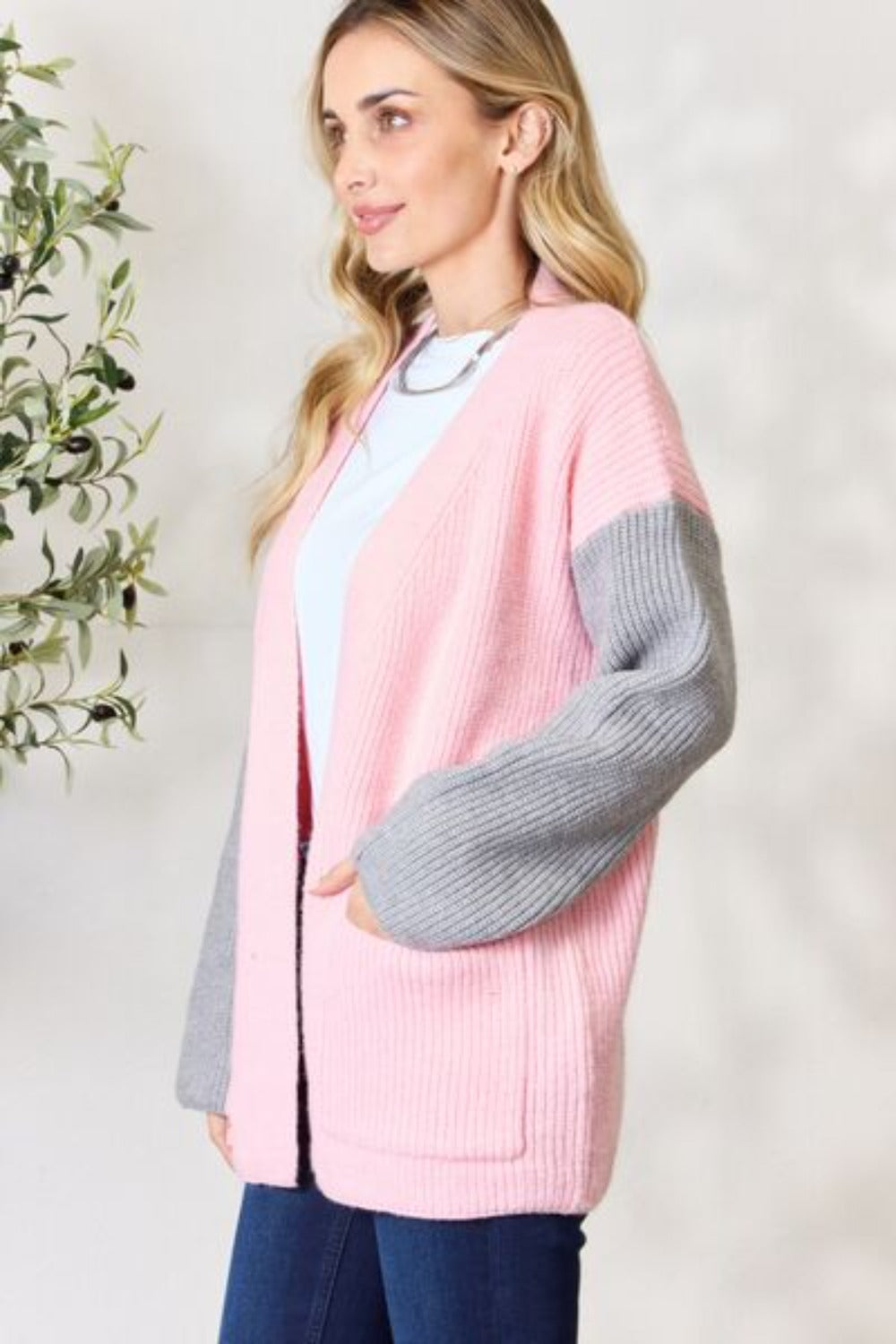 Contrast Open Front Cardigan with Pockets-Blush Grey  | nOWENA