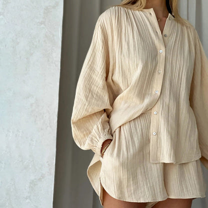 Stylish Two-Piece Set with Elegant Long-Sleeved Shirt and Slit Shorts