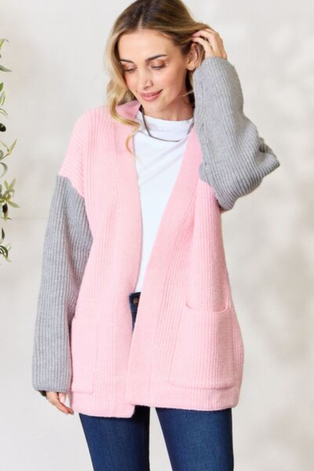 Contrast Open Front Cardigan with Pockets-Blush Grey  | nOWENA