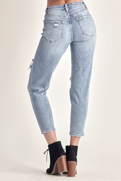 High Waisted Slim Fit Cropped Jeans - Light Wash Blue | Nowena
